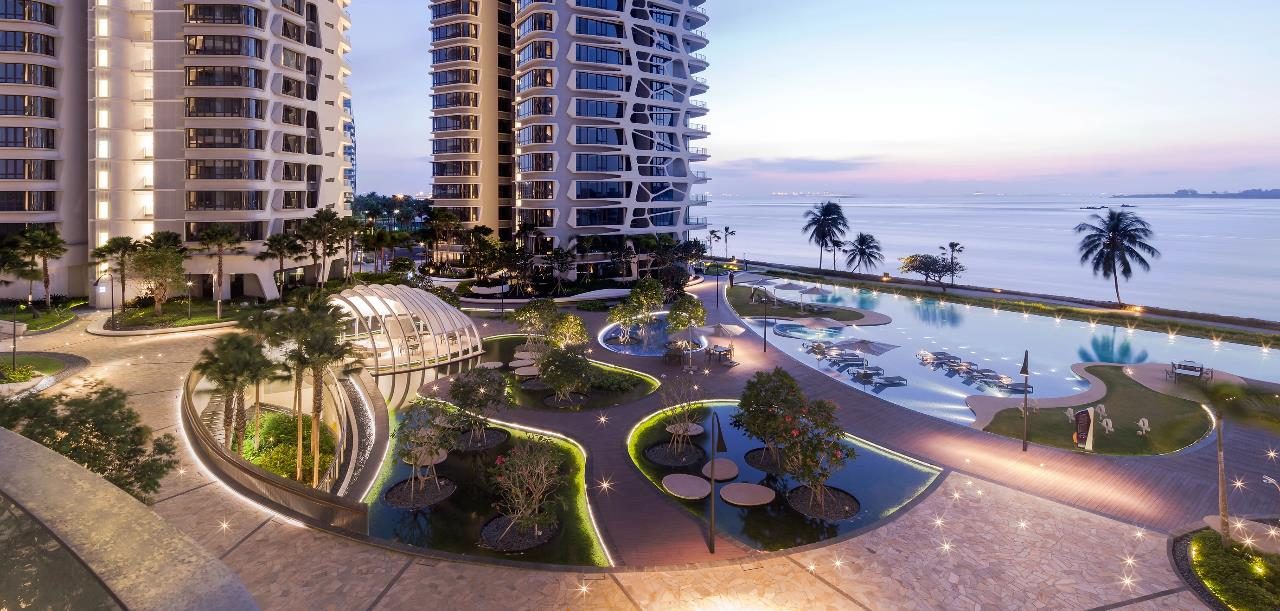 Pool deck at night